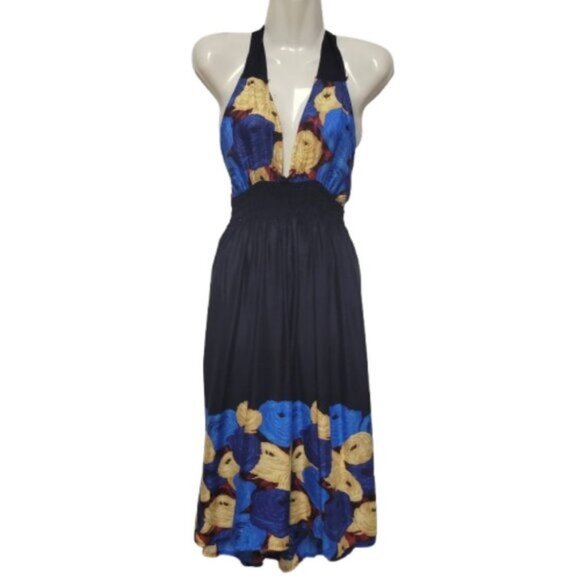 Halter Colorful Dress Summer Halter Dress in Blue and Beige Floral Print - Picture 1 of 16